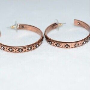 Vintage Stunning 2" Copper Aztec Clear Rhinstone Etched Hoop Post  Earrings